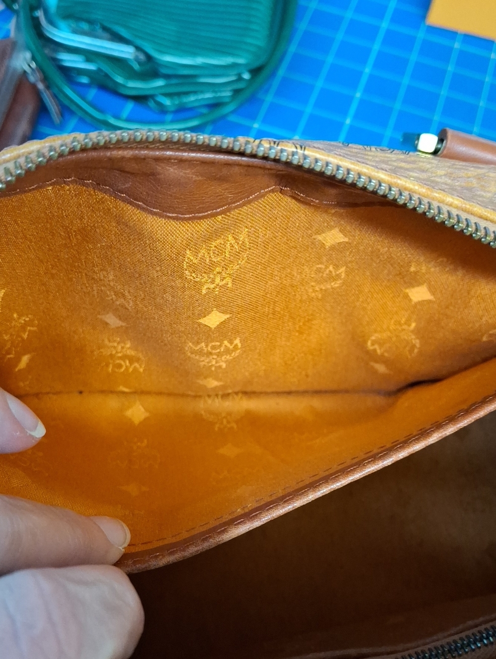 MCM Cognac Visetos Monogram Satchel Gold Hardware Removable Adj Strap Preloved - Picture 14 of 16